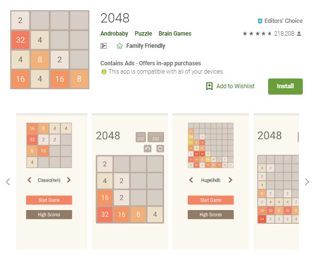 A screenshot image from the game 2048, a 2-dimensional visuals of the game modes, one of the editors choice games