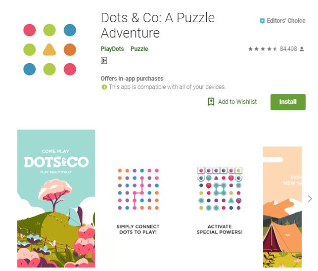 A screenshot image of the game Dots & Co: Puzzle Adventure, colorful landscapes and shapes, one of the editors choice games