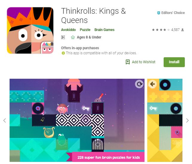 A screenshot image of the game Thinkrolls: Kings & Queens, colorful image of a 2-dimensional visual, one of the editors choice games
