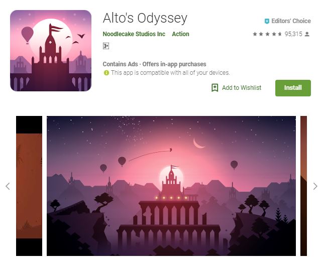 A screenshot image of the game Alto's Odyssey, an image of a beautiful, pinkish sky and a silhouette of a temple, one of the editors choice games 