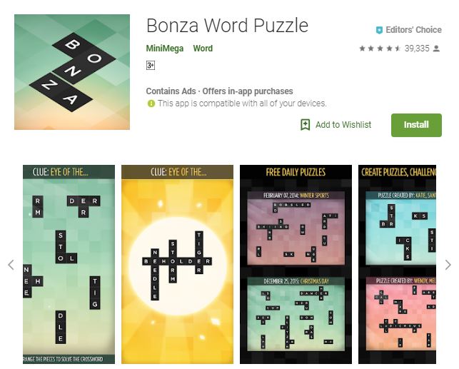 A screenshot image of the game Bonza Word Puzzle, colorful collage of the different game modes, one of the editors choice games