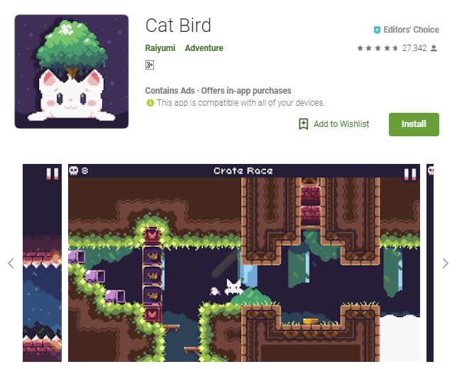 A screenshot image of the game Cat Bird, a pixelated image of a white cat that has a full-grown tree on the top of its head, one of the editors choice games 
