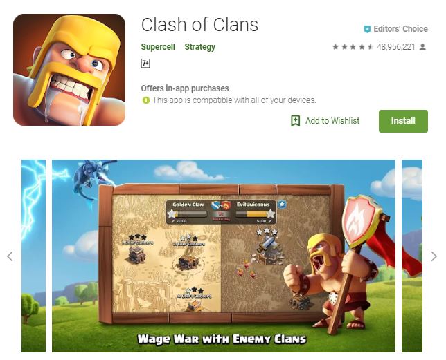 An image of a screenshot from the game Clash of Clans, an image of a barbarian and a map of clan wars, one of the editors choice game 