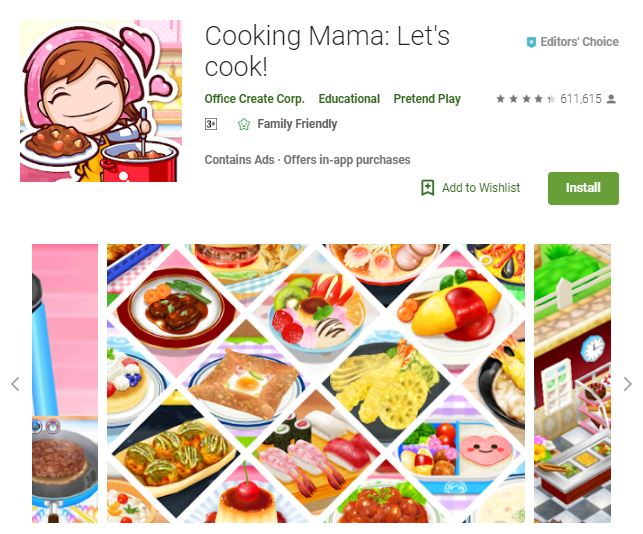 A screenshot image from the game Cooking Mama: Let's cook!, photo of different kinds of dishes, one of the editors choice games