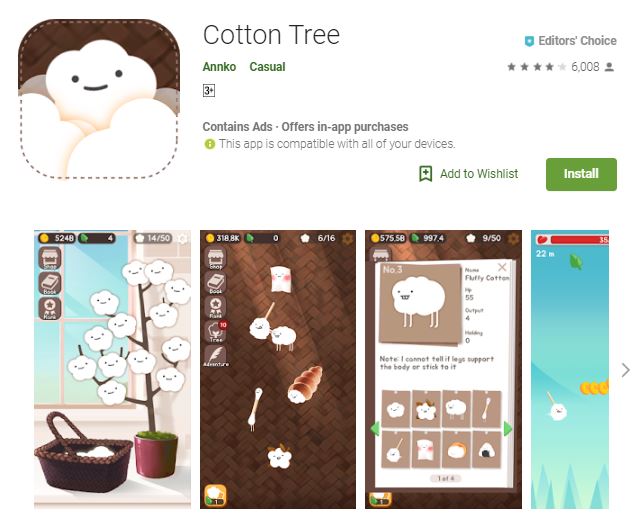 A screenshot from the game Cotton Tree, photo of 2-dimensional cottons growing and evolving, one of the editors choice games