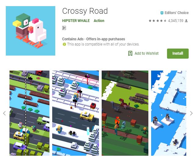 An image of a screenshot from the game Crossy Road, a 3-dimensional duck and a chicken stand by the upper left corner of the photo, one of the editors choice games