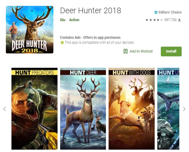 An image of screenshot of the game Deer Hunter 2018, a stunning 3-dimensional graphics of in-game animals and landscape, one of the editors choice games