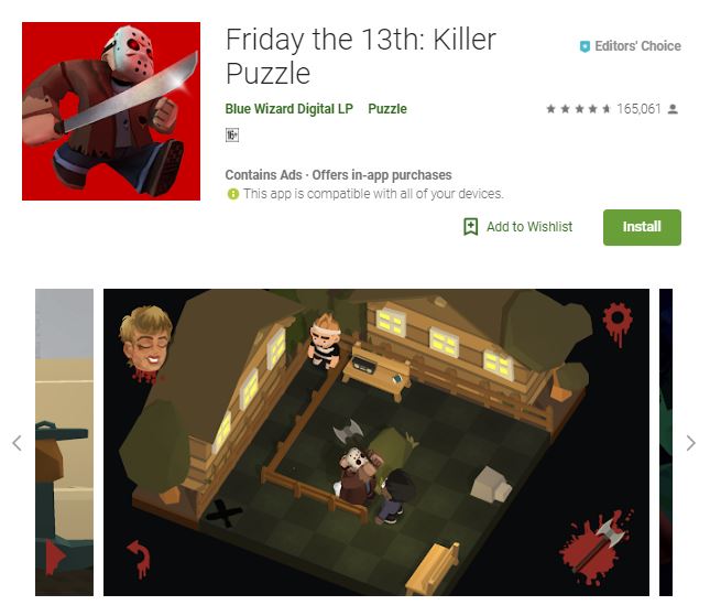 A screenshot from the game Friday the 13th: Killer Puzzle, a photo of a killer about to kill his victim, one of editors choice games