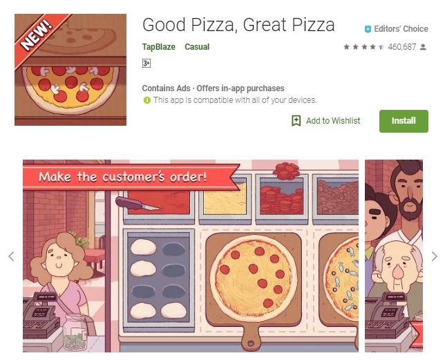 A screenshot image of the game Good Pizza, Great Pizza, a 2-dimensional image of people waiting for the pizza they ordered, one of the editors choice games