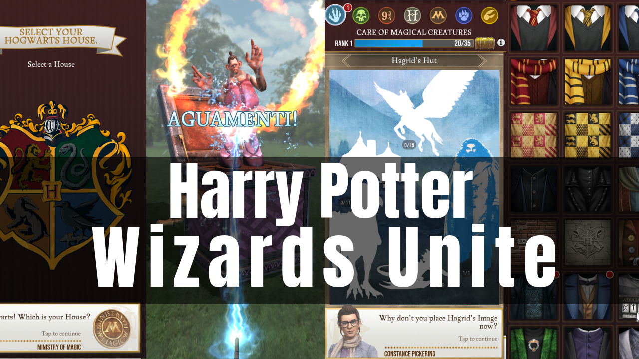 Collage screenshots from the game Harry Potter Wizards Unite and the title of the game itself