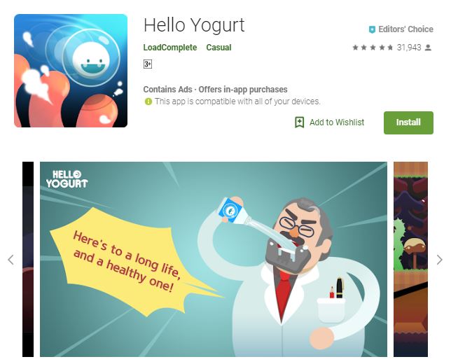 A screenshot image of the game Hello Yogurt, the upper right corner of the image has a smiling, floating bubble-like object and the lower portion has an old man drinking yogurt, one of the editors choice games