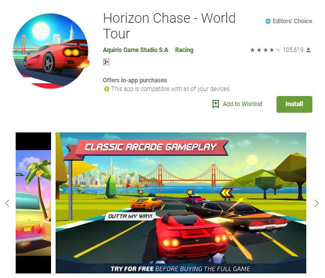 An image of a screenshot of Horizon Chase -World Tour image of red, black, yellow and purple car, one of the editors choice games