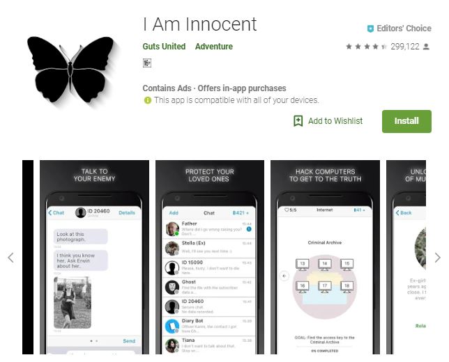 An image of a screenshot from the game I Am Innocent, images of  android phones are below an image of a black butterfly, one of the editors choice games