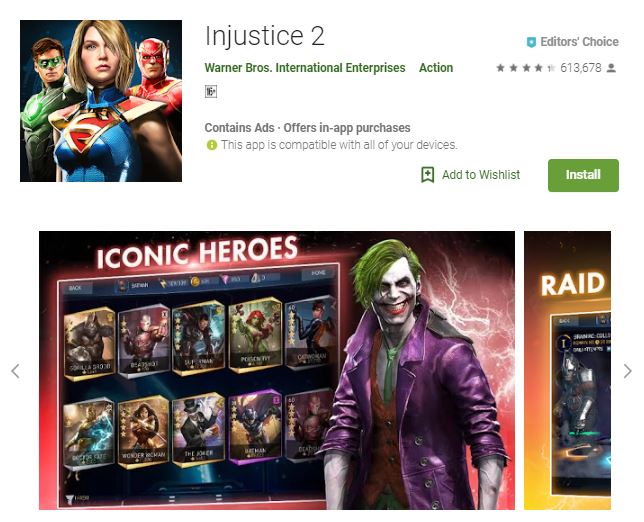 A screenshot image of the game Injustice 2, a 3-dimensional image of the iconic villain Joker and 2-dimensional graphics of the iconic playable heroes, one of the editors choice games