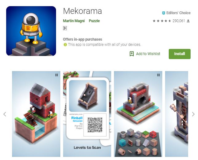 An image of a screenshot from the game Mekorama, 3-dimensional houses and housing materials, one of the editors choice games