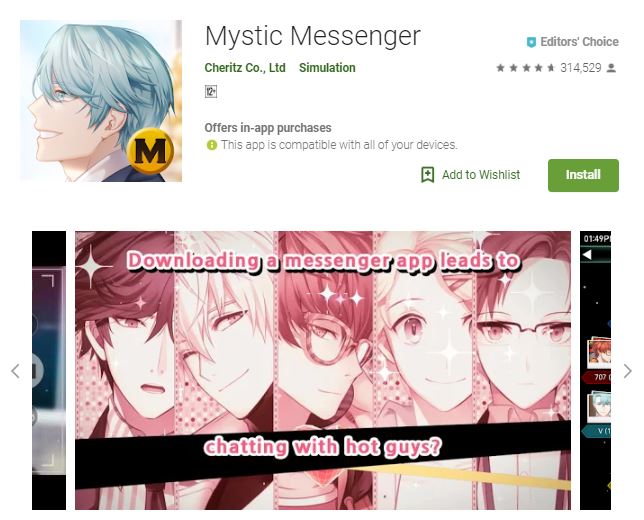 A screenshot image of the game Mystic Messenger, image of handsome animated guys, one of the editors choice games
