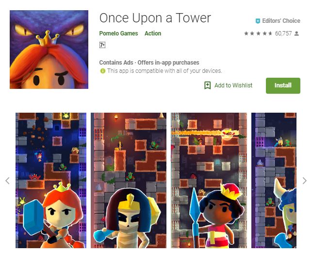 An image of a screenshot from the game Once Upon a Tower, image of 3-dimensional characters such a princess, a mummy, a queen, and a warrior, one of the editors choice games