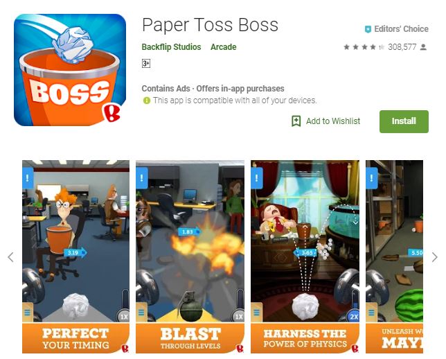 A screenshot image of the game Paper Toss Boss, a collage image of the game features, one of the editors choice games
