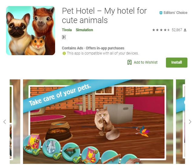 A screenshot image of the game Pet Hotel - My hotel for cute animals, a 3-dimensional image of a cat cleaning itself, one of the editors choice games