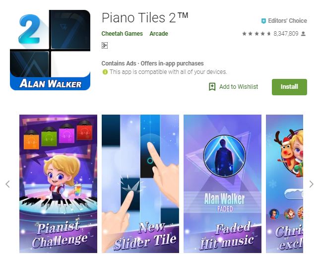 A screenshot image of the game Piano Tiles 2, a purple colored theme photo of the game modes, one of the editors choice games