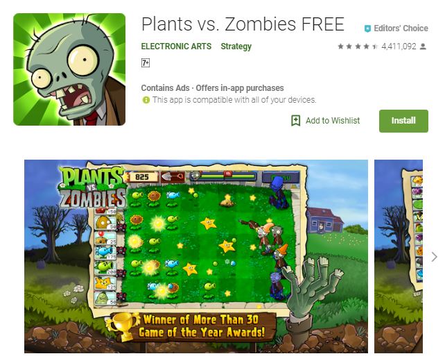A screenshot image of the game Plants vs. Zombies FREE, an image with a zombie head at the upper left corner of the photo and a lawn with aggressive plants below, one of the editors choice games