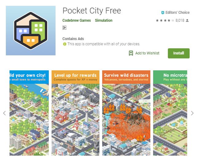 An image of a screenshot from the game Pocket City Free, a collage image of the game features, one of the editors choice games