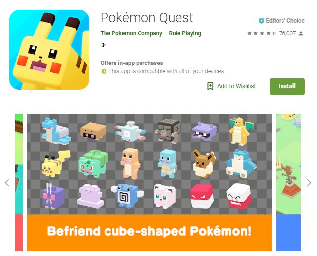 An image of a screenshot from the game Pokemon Quest, cute, cube-shaped Pokemons, one of the editors choice games