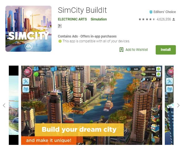 A screenshot image of the game SimCity BuildIt, an image of buildings and skyscrapers, one of the editors choice games