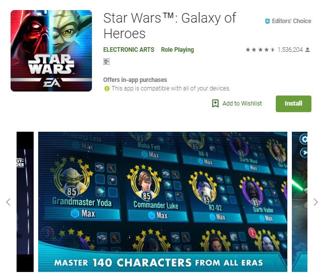 An screenshot image of the game Star Wars: Galaxy of Heroes, an image that shows playable characters of the game, one of the editors choice games 