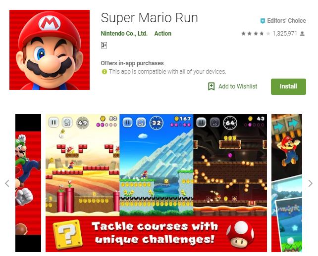 A screenshot image of the game Super Mario Run, a collage image of the different worlds in the game, one of the editors choice games