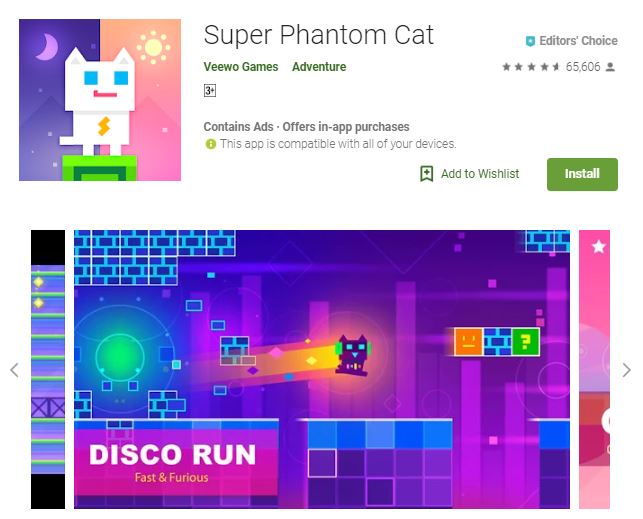 An image of a screenshot of Super Phantom Cat game, image of a white and purple cat with colorful background, one of the editors choice games