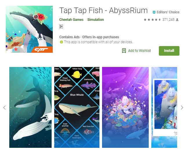 A screenshot from the game Tap Tap Fish - AbyssRium, photo of whales and other sea creatures, one of the editors choice games