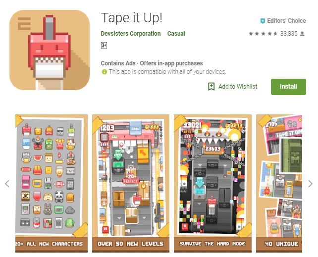 A screenshot image of the game Tape it Up! Colorful, pixilated characters, one of the editors choice games