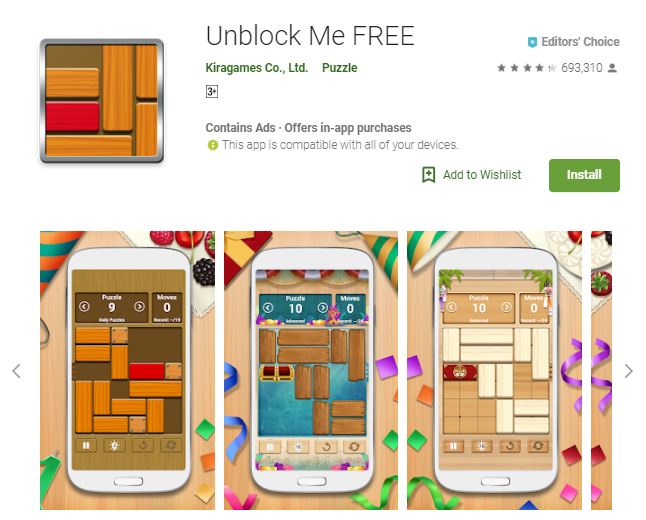 An image of a screenshot from the game Unblock Me FREE, image of phones with the different 2-dimensional game modes, one of the editors choice games