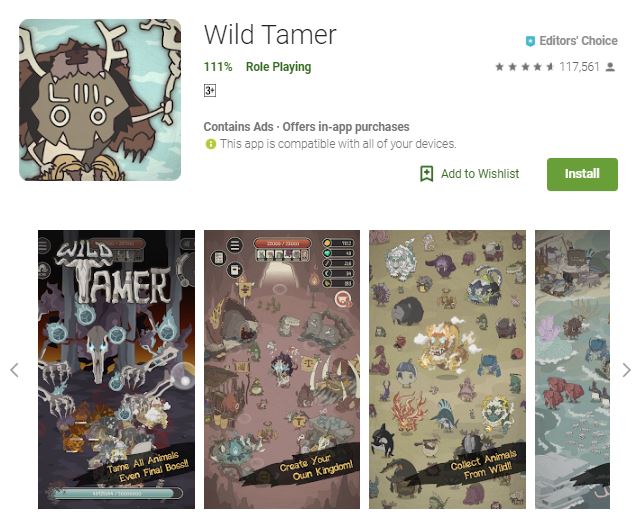 A screenshot image of the game Wild Tamer, photos different kinds of small monsters, one of the editors choice games