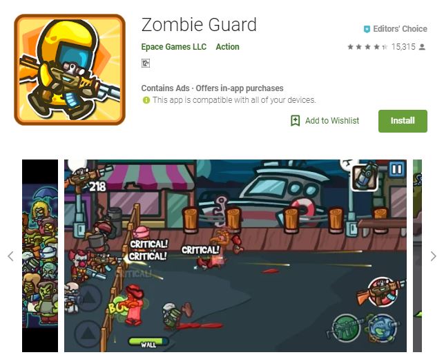 A screenshot image of the game Zombie Guard, small 2-dimensional visuals of zombies walking, one of the editors choice games