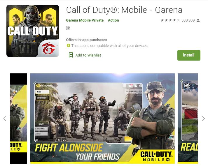 A photo of the Call of Duty Mobile on Google Play Store. The logo of the game itself is on the upper left side of the photo.