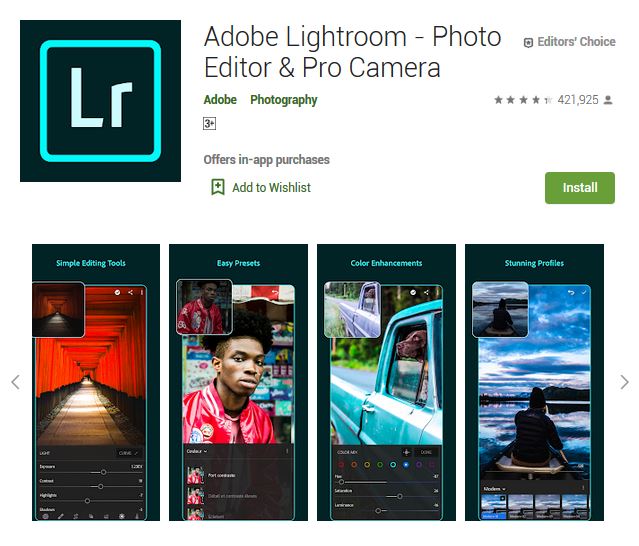 A screenshot photo of the mobile app Adobe Lightroom, one of the 50 Top Free Apps In Google Play