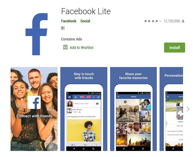 A screenshot photo of the mobile app Facebook Lite, one of the 50 Top Free Apps In Google Play