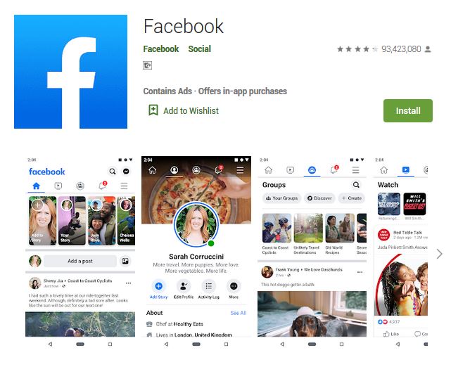 A screenshot photo of the mobile app Facebook, one of the 50 Top Free Apps In Google Play
