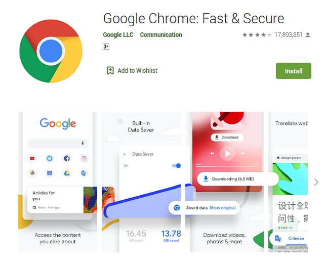 A screenshot photo of the mobile app Google Chrome: Fast & Secure, one of the 50 Top Free Apps In Google Play