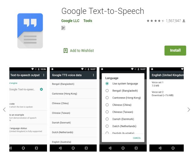 A screenshot photo of the mobile app Google Text-to-Speech