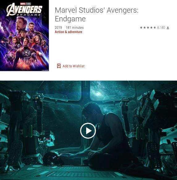 Screenshot photo of the Google Play's Best of 2019 Users’ Choice 2019 Movie: Marvel Studios' Avengers: Endgame