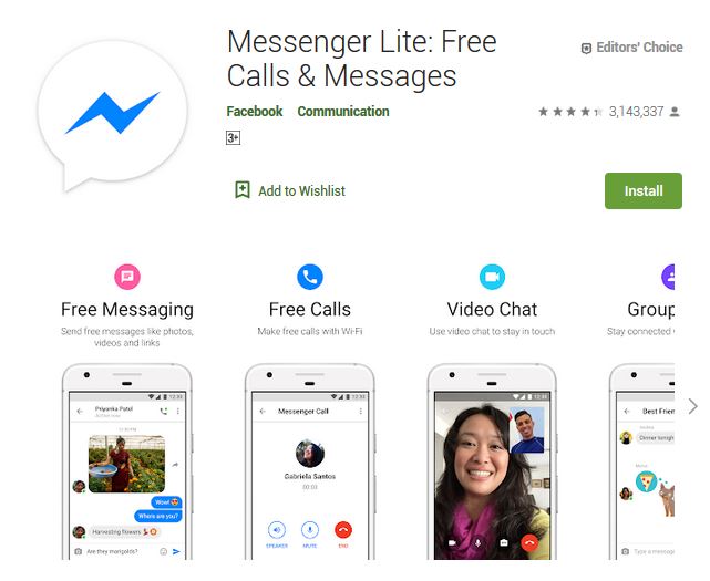 A screenshot photo of the mobile app Messenger Lite, one of the 50 Top Free Apps In Google Play