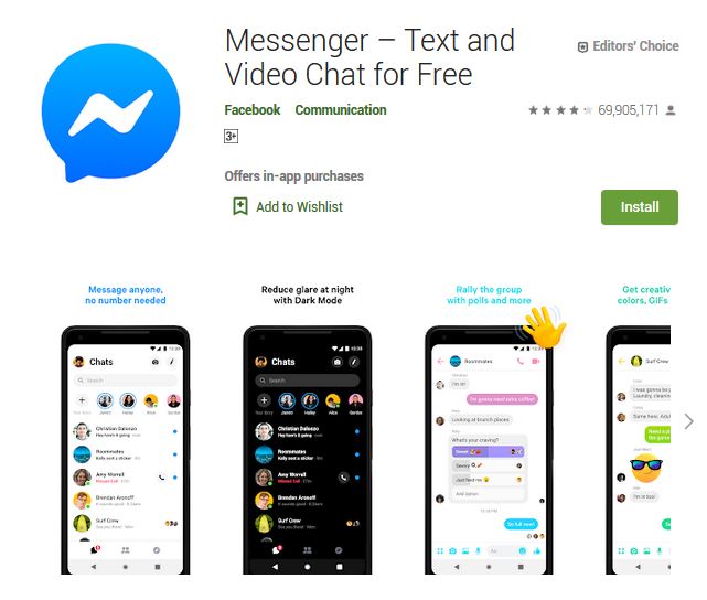 A screenshot photo of the mobile app Messenger - Text and Video Chat for Free, one of the 50 Top Free Apps In Google Play