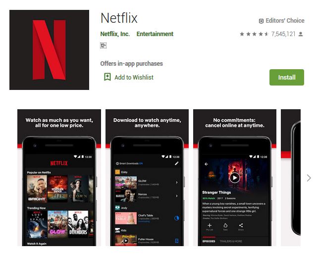 A screenshot photo of the mobile app Netflix, one of the 50 Top Free Apps In Google Play