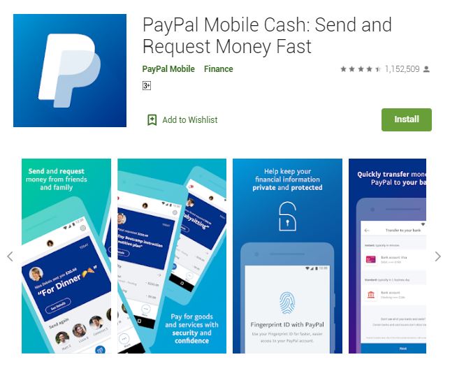 A screenshot photo of the mobile app PayPal