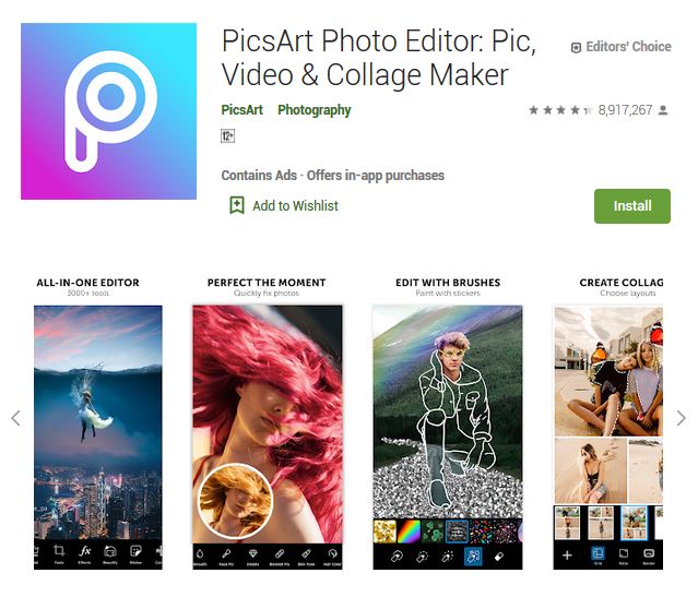 A screenshot photo of the mobile app PicsArt Photo Editor, one of the 50 Top Free Apps In Google Play
