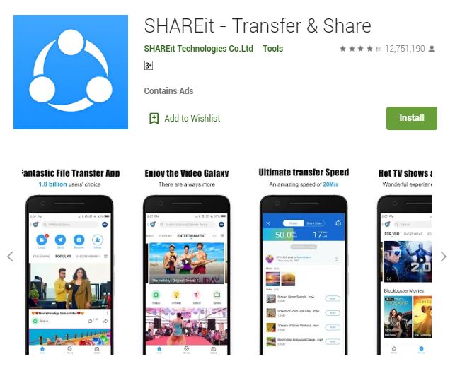 A screenshot photo of the mobile app SHAREit - Transfer & Share, one of the 50 Top Free Apps In Google Play