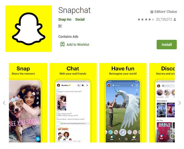 A screenshot photo of the mobile app Snapchat, one of the 50 Top Free Apps In Google Play